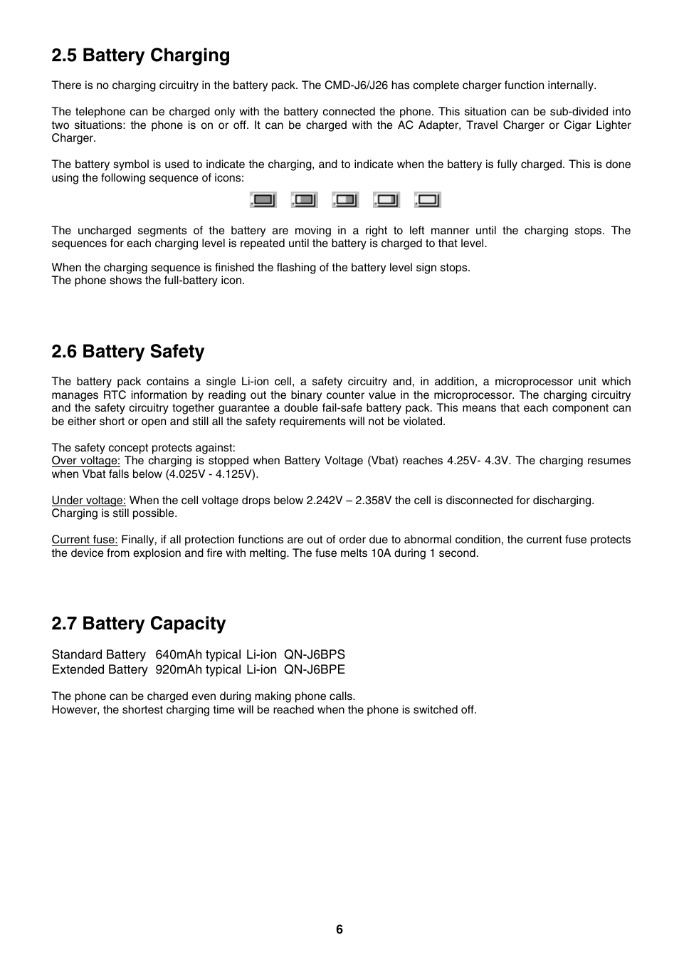 5 battery charging, 6 battery safety, 7 battery capacity | Sony CMD-J26 User Manual | Page 6 / 20