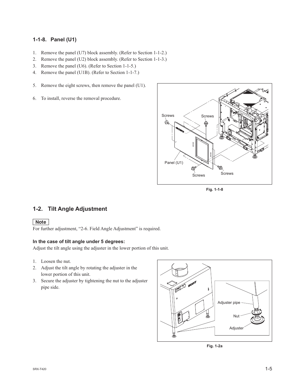 1-8. panel (u1), 2. tilt angle adjustment | Sony SRX-T420 User Manual | Page 11 / 76