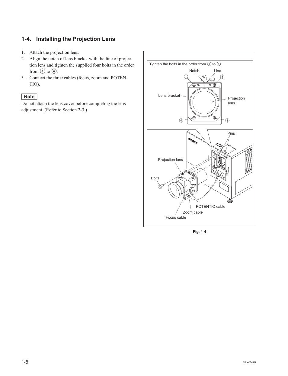 4. installing the projection lens | Sony SRX-T420 User Manual | Page 14 / 76