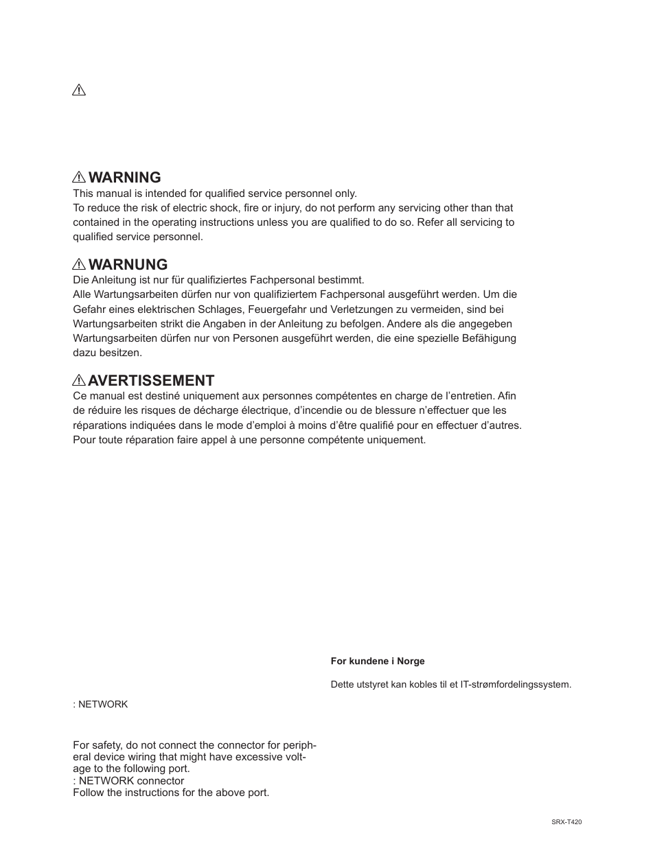 Warning, Warnung, Avertissement | Sony SRX-T420 User Manual | Page 2 / 76