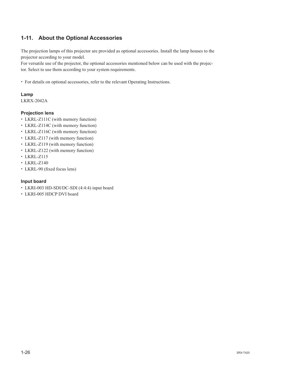 11. about the optional accessories | Sony SRX-T420 User Manual | Page 32 / 76