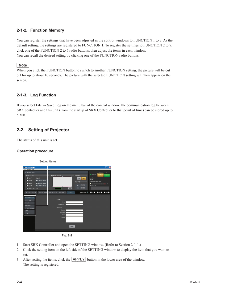 1-2. function memory, 1-3. log function, 2. setting of projector | Sony SRX-T420 User Manual | Page 44 / 76