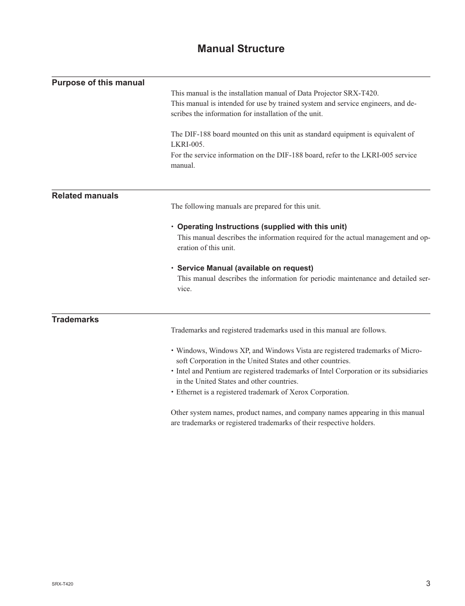Manual structure, Purpose of this manual, Related manuals | Trademarks | Sony SRX-T420 User Manual | Page 5 / 76