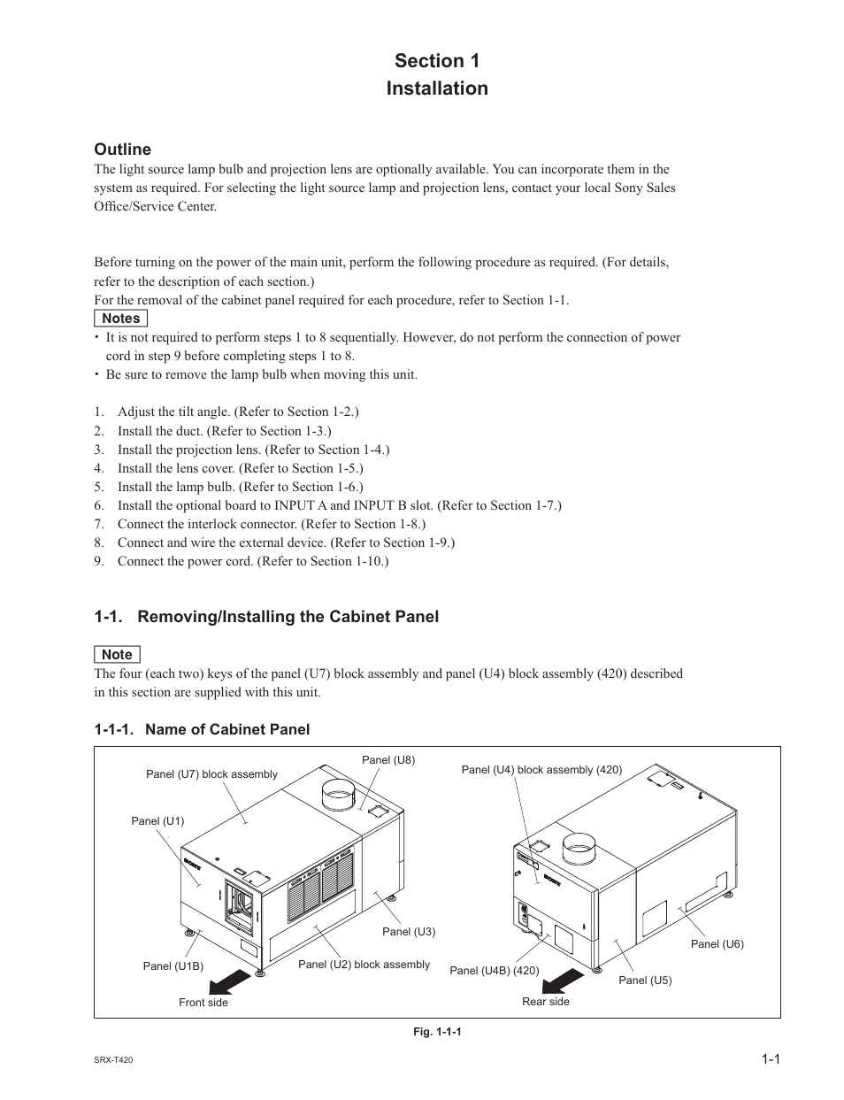 Installation, Outline, 1. removing/installing the cabinet panel | 1-1. name of cabinet panel | Sony SRX-T420 User Manual | Page 7 / 76