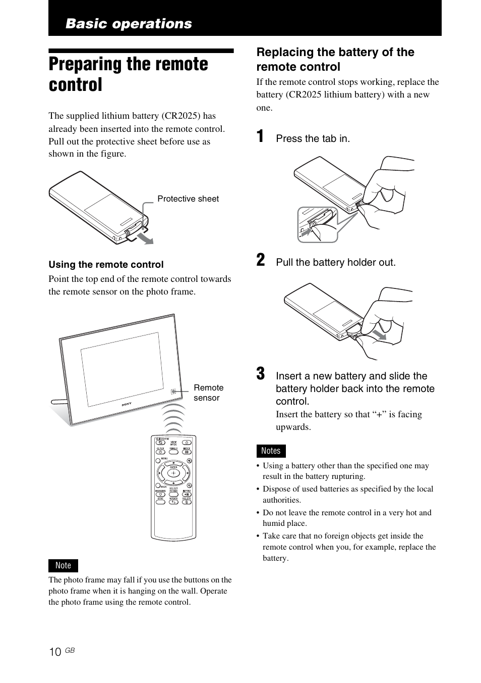 Basic operations, Preparing the remote control | Sony S-FRAME DPF-VR100 User Manual | Page 10 / 64