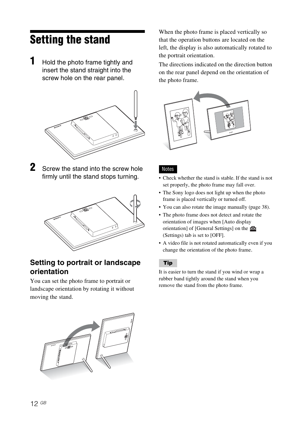 Setting the stand, Setting to portrait or landscape orientation | Sony S-FRAME DPF-VR100 User Manual | Page 12 / 64