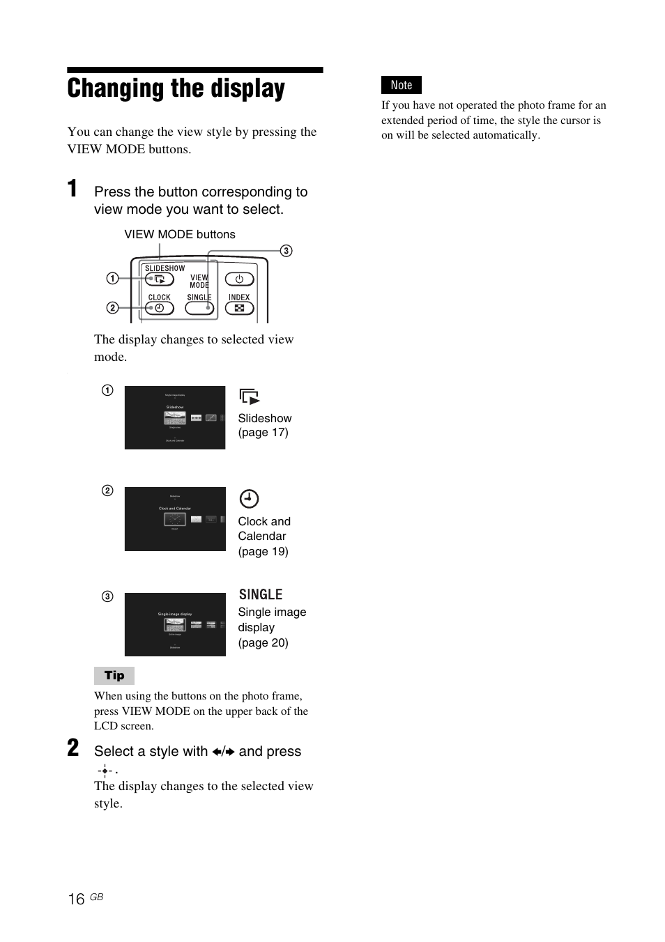 Changing the display | Sony S-FRAME DPF-VR100 User Manual | Page 16 / 64