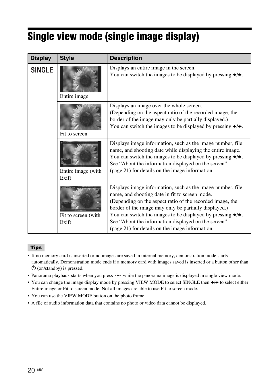 Single view mode (single image display) | Sony S-FRAME DPF-VR100 User Manual | Page 20 / 64