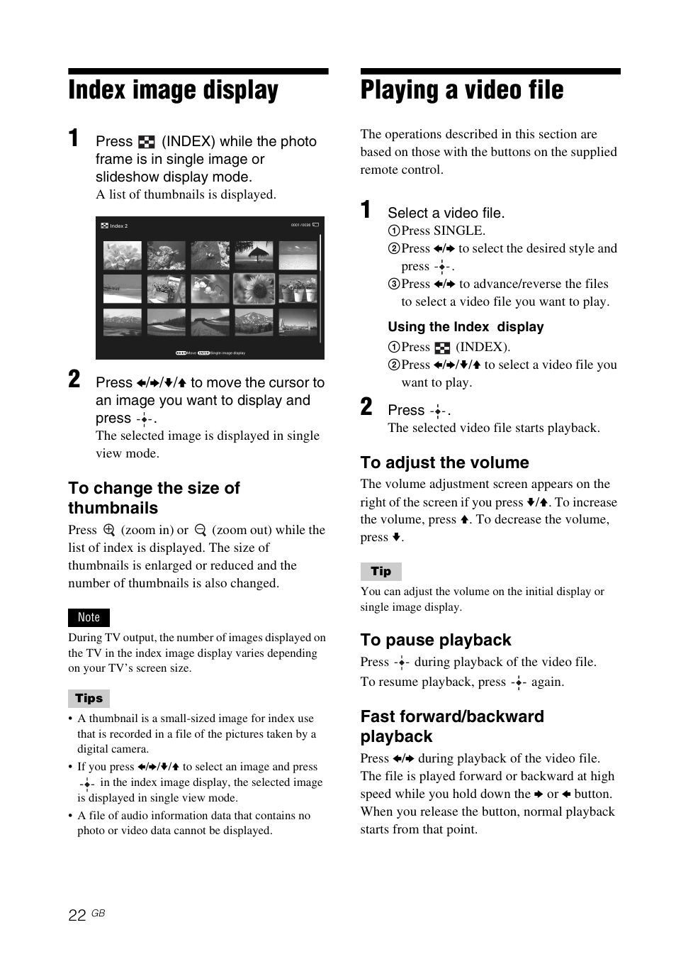 Index image display, Playing a video file | Sony S-FRAME DPF-VR100 User Manual | Page 22 / 64