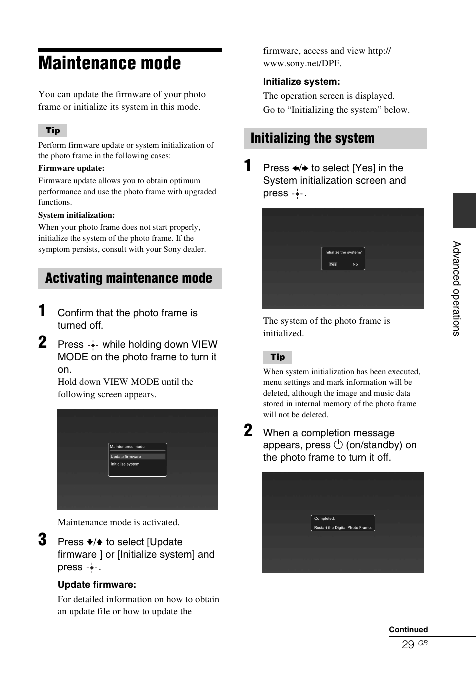 Maintenance mode, Activating maintenance mode, Initializing the system | Sony S-FRAME DPF-VR100 User Manual | Page 29 / 64