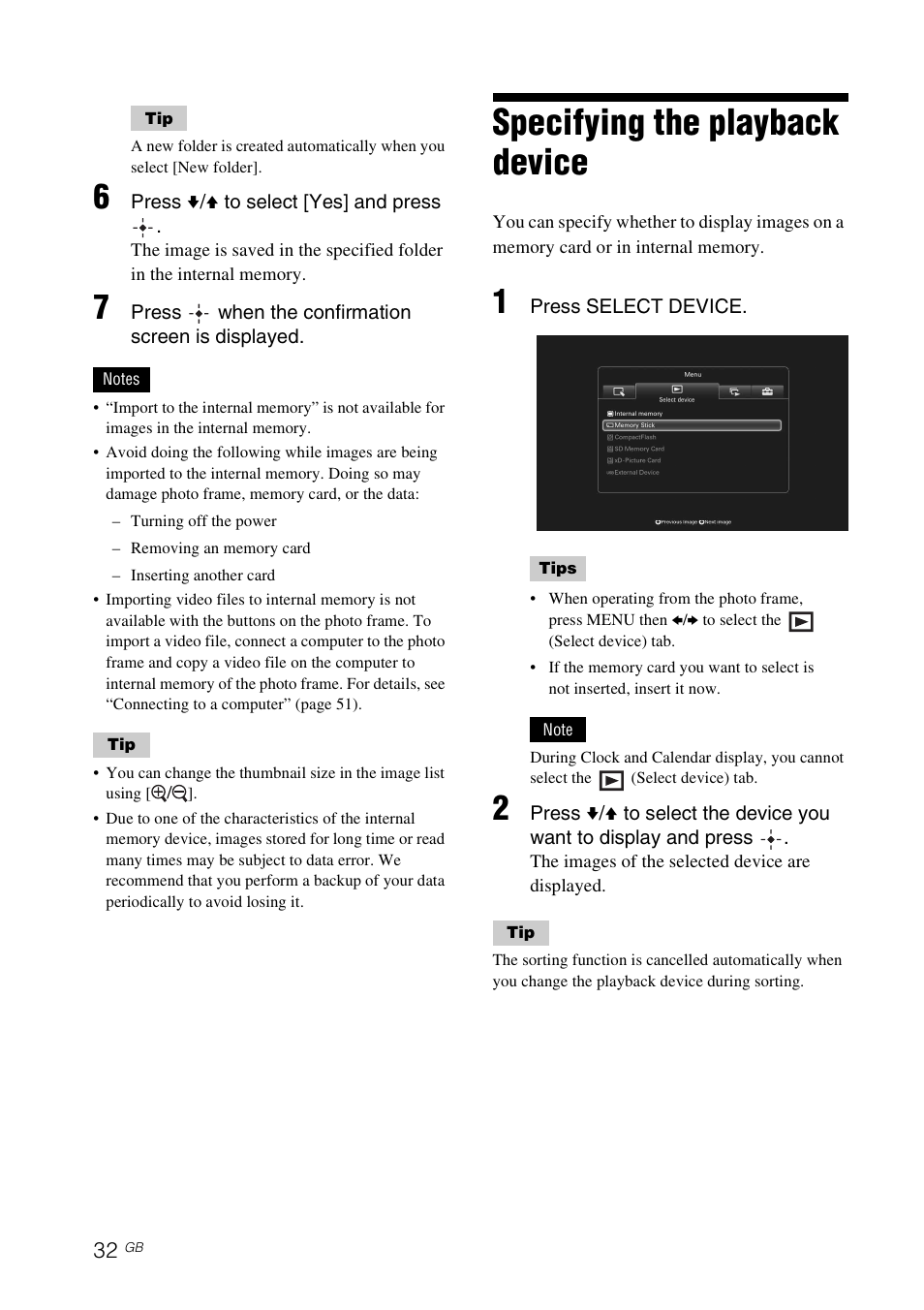 Specifying the playback device | Sony S-FRAME DPF-VR100 User Manual | Page 32 / 64