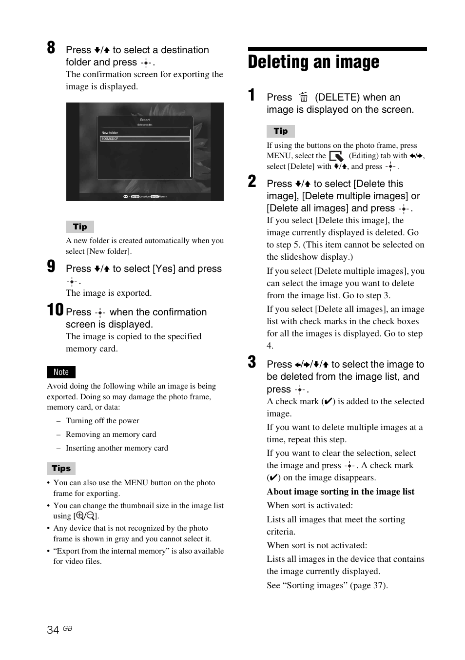 Deleting an image | Sony S-FRAME DPF-VR100 User Manual | Page 34 / 64
