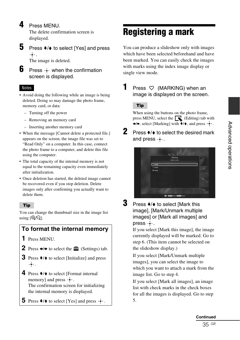 Registering a mark | Sony S-FRAME DPF-VR100 User Manual | Page 35 / 64