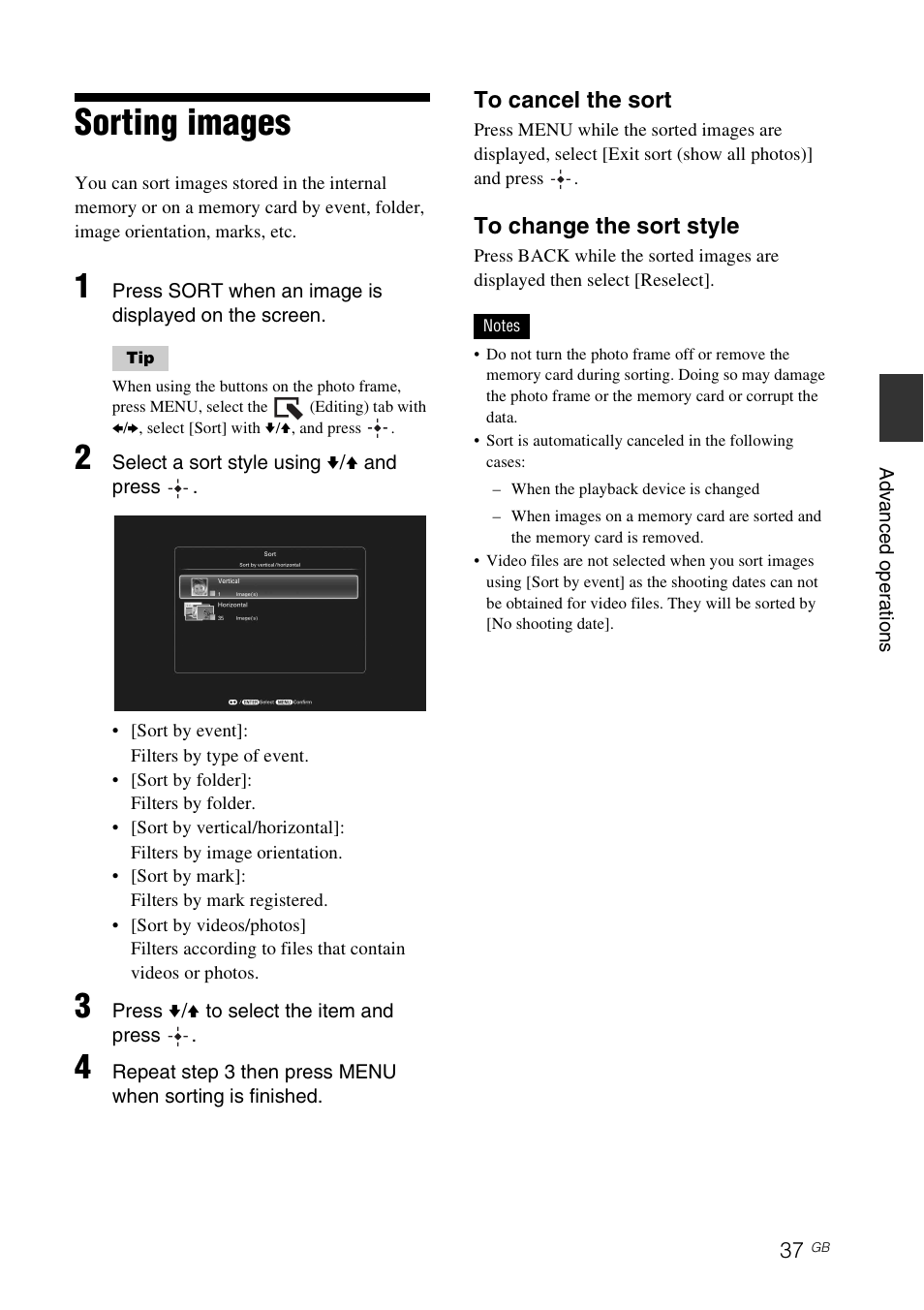 Sorting images | Sony S-FRAME DPF-VR100 User Manual | Page 37 / 64