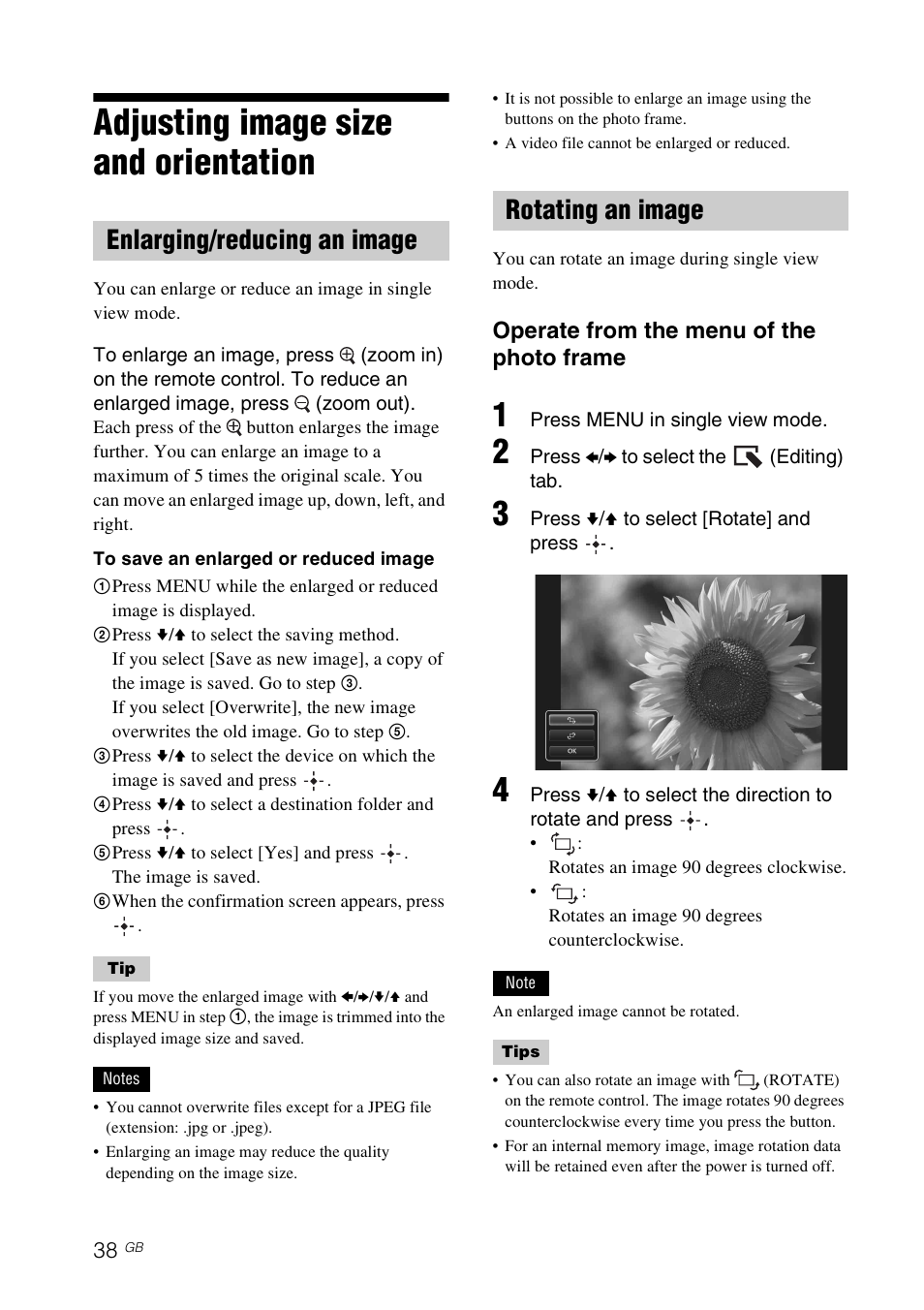 Adjusting image size and orientation, Enlarging/reducing an image, Rotating an image | Enlarging/reducing an image rotating an image, Operate from the menu of the photo frame | Sony S-FRAME DPF-VR100 User Manual | Page 38 / 64