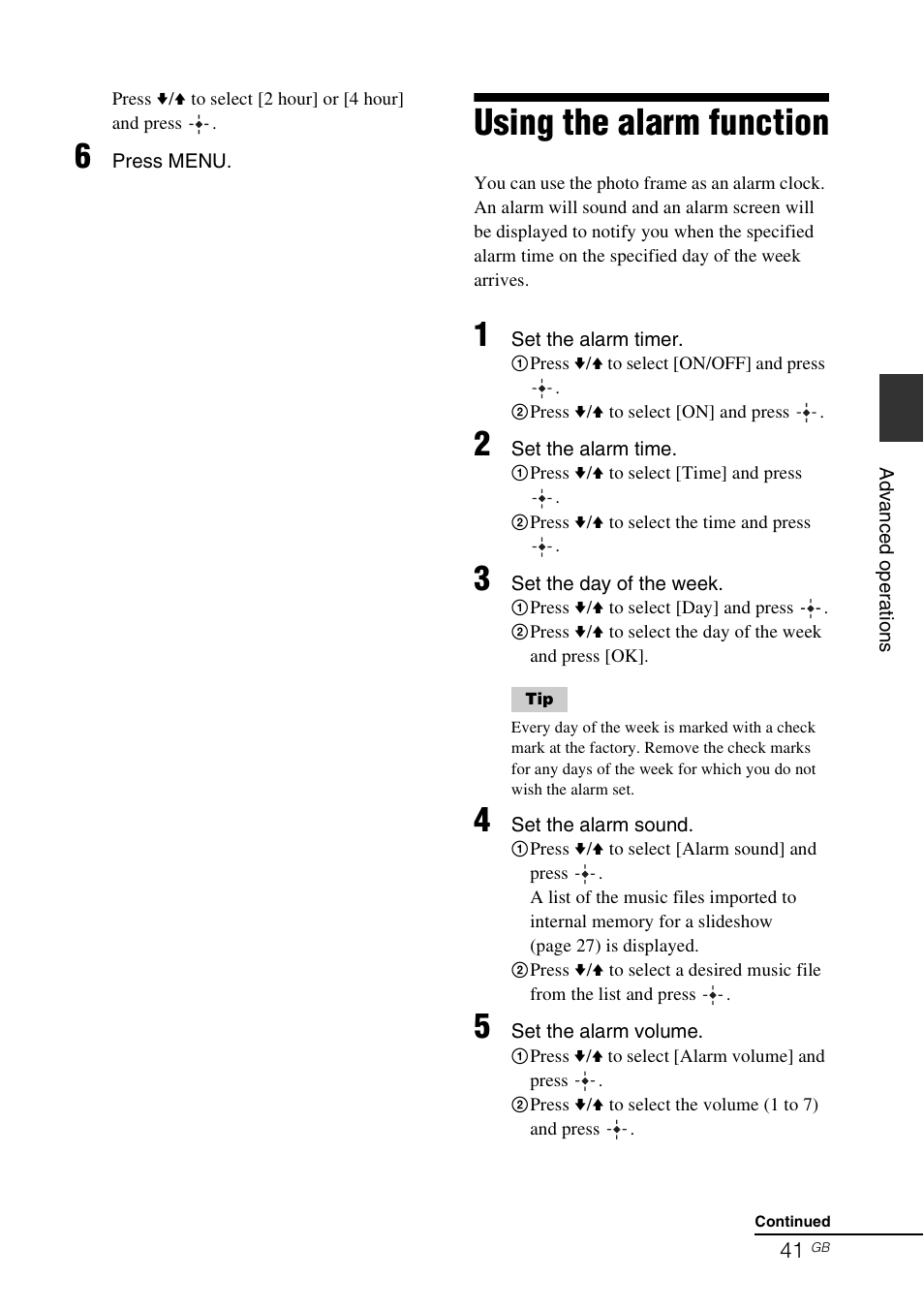 Using the alarm function | Sony S-FRAME DPF-VR100 User Manual | Page 41 / 64