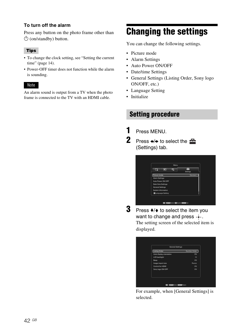 Changing the settings, Setting procedure | Sony S-FRAME DPF-VR100 User Manual | Page 42 / 64