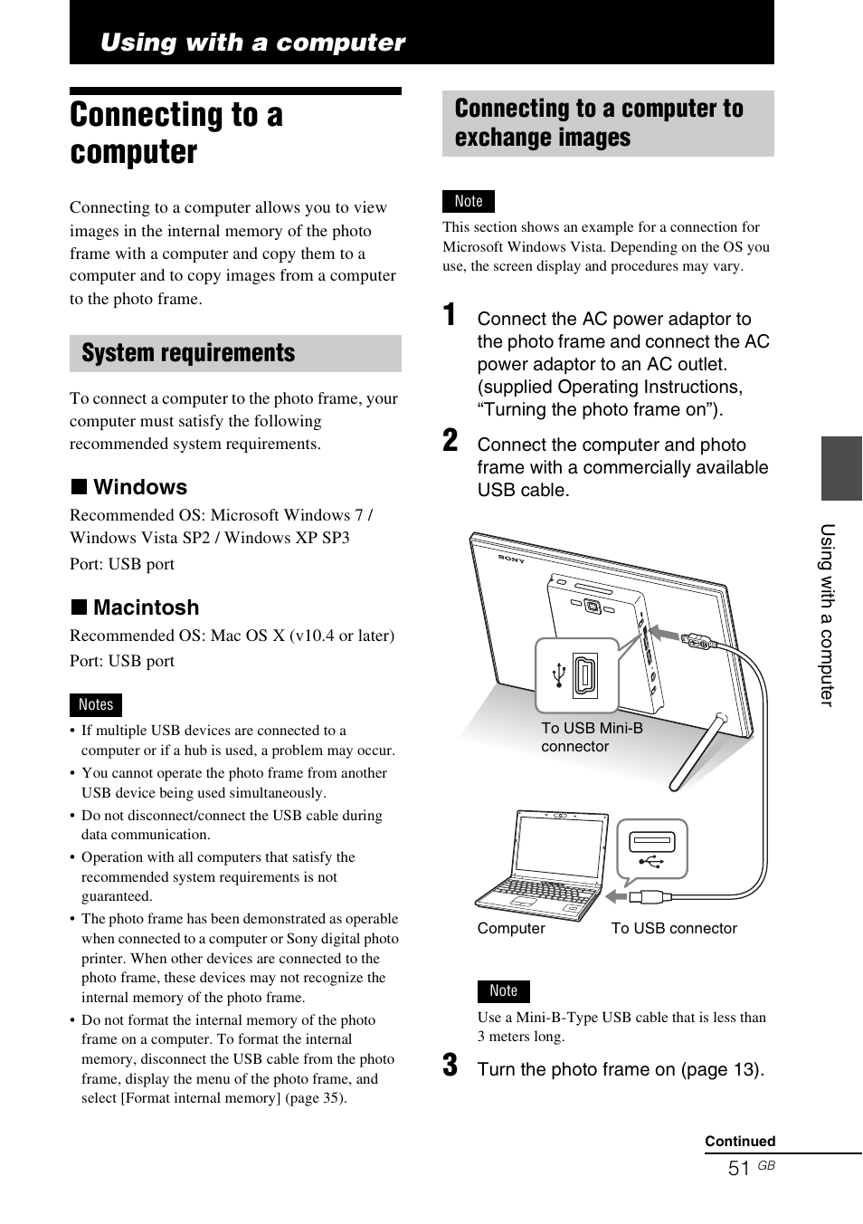 Using with a computer, Connecting to a computer, System requirements | Connecting to a computer to exchange images | Sony S-FRAME DPF-VR100 User Manual | Page 51 / 64