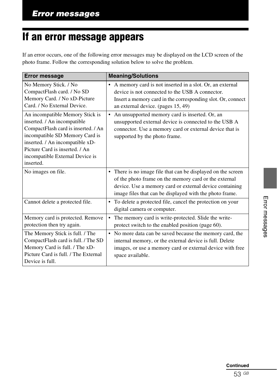 Error messages, If an error message appears | Sony S-FRAME DPF-VR100 User Manual | Page 53 / 64
