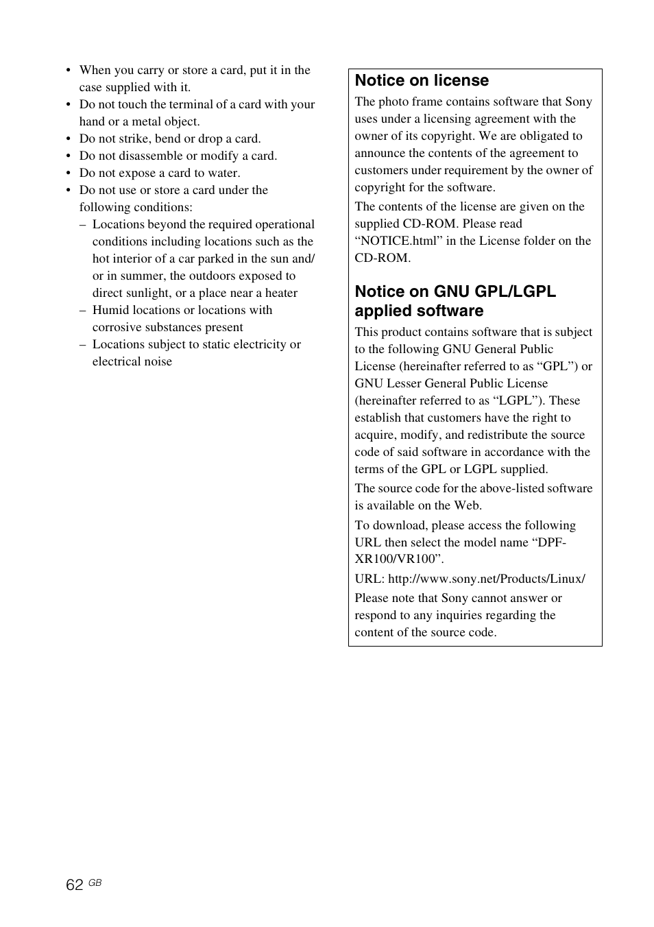 Notice on license, Notice on gnu gpl/lgpl applied software | Sony S-FRAME DPF-VR100 User Manual | Page 62 / 64