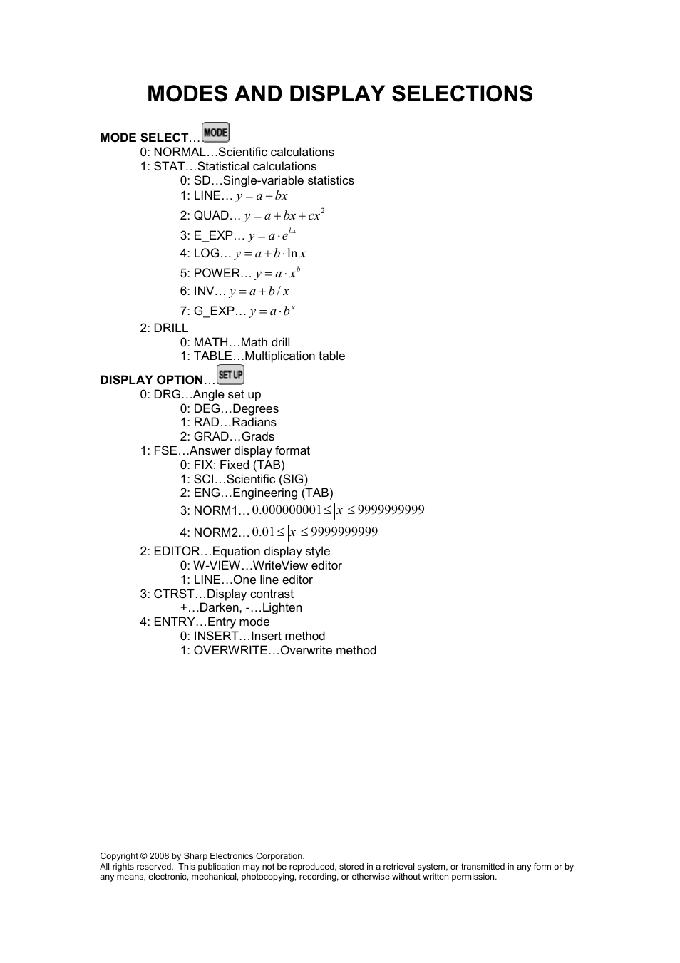 Modes and display selections | Sony EL-W535B User Manual | Page 2 / 2