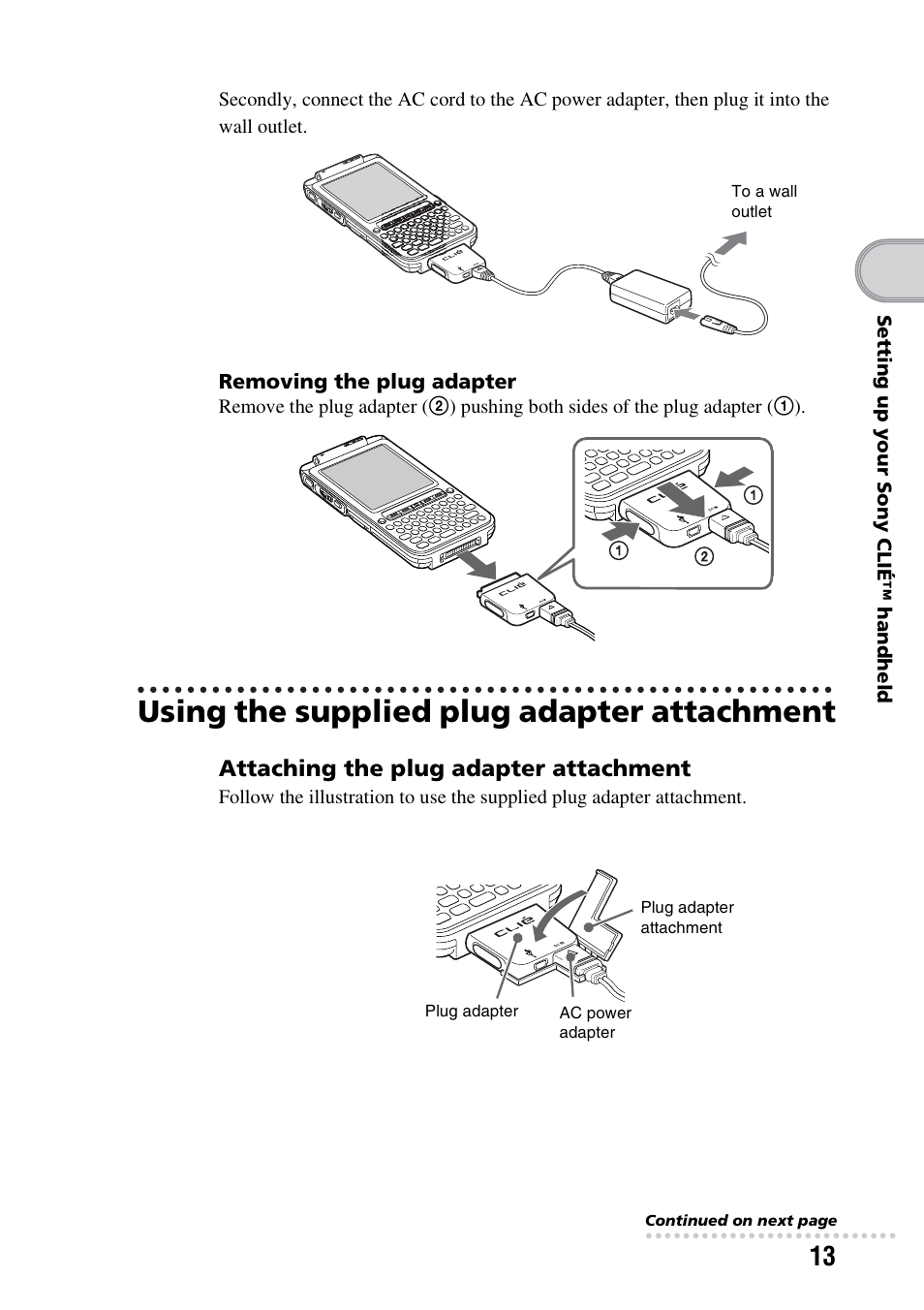 Using the supplied plug adapter attachment | Sony PEG-TG50 User Manual | Page 13 / 100