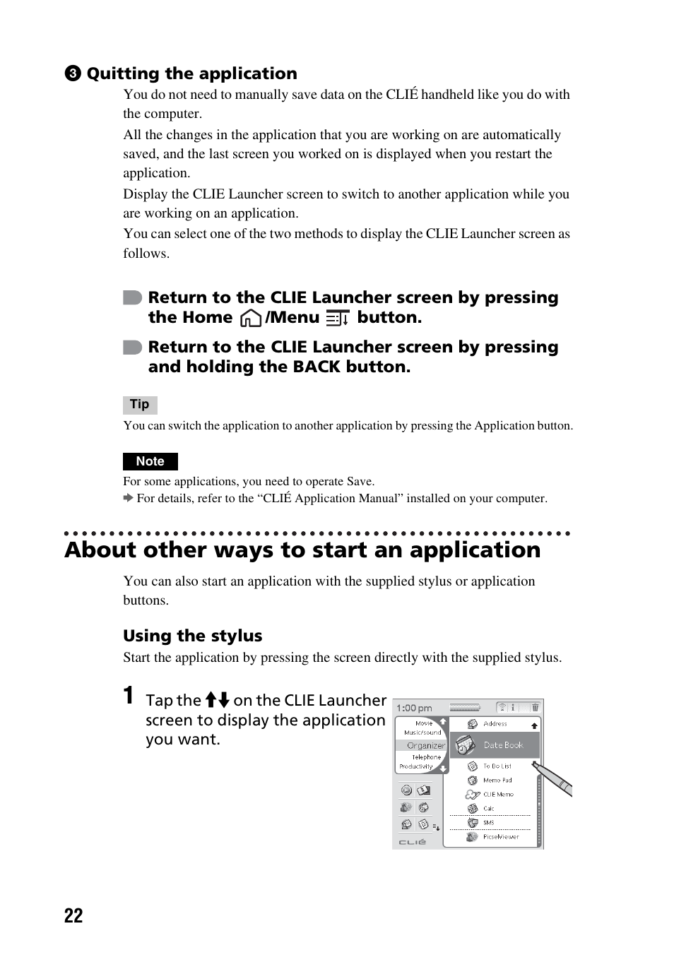 About other ways to start an application | Sony PEG-TG50 User Manual | Page 22 / 100