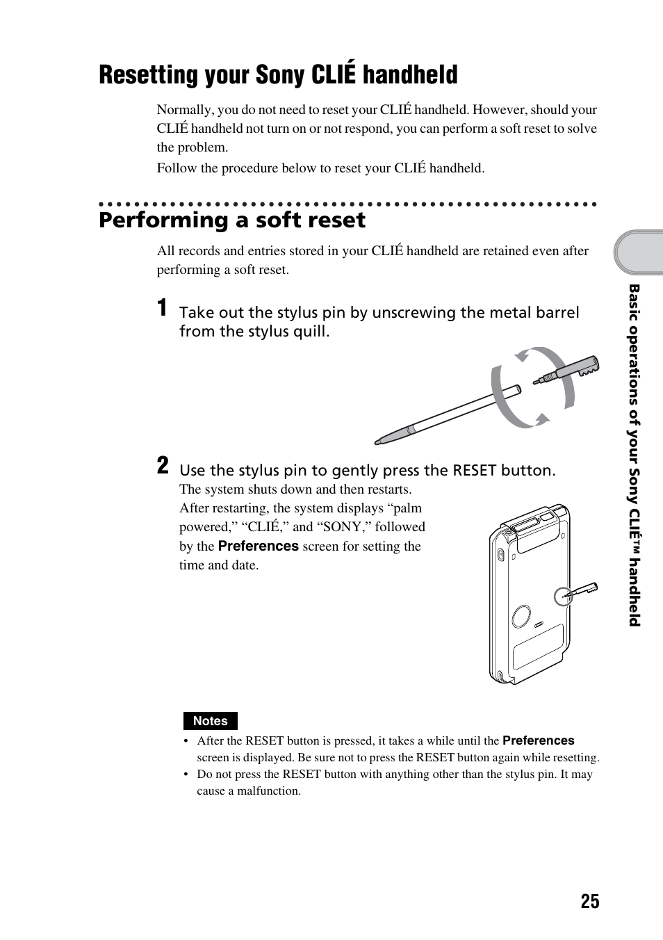 Resetting your sony clié handheld, Performing a soft reset, Resetting your | Sony clié handheld | Sony PEG-TG50 User Manual | Page 25 / 100