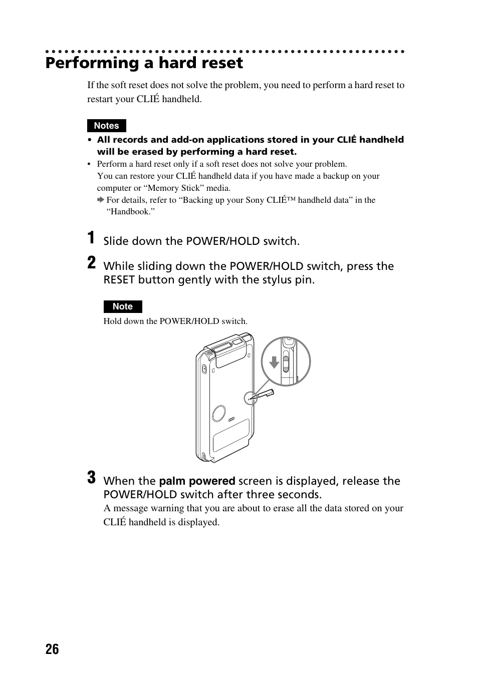 Performing a hard reset | Sony PEG-TG50 User Manual | Page 26 / 100