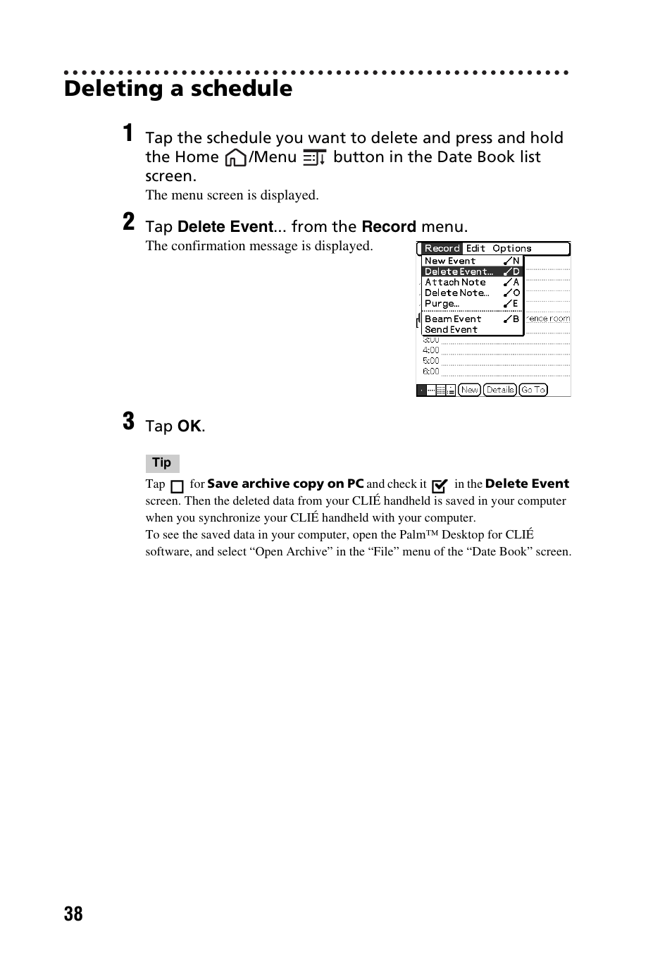 Deleting a schedule | Sony PEG-TG50 User Manual | Page 38 / 100