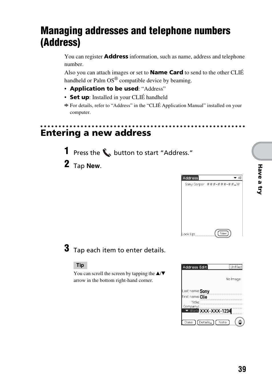 Managing addresses and telephone numbers (address), Entering a new address, Managing addresses and telephone | Numbers (address) | Sony PEG-TG50 User Manual | Page 39 / 100