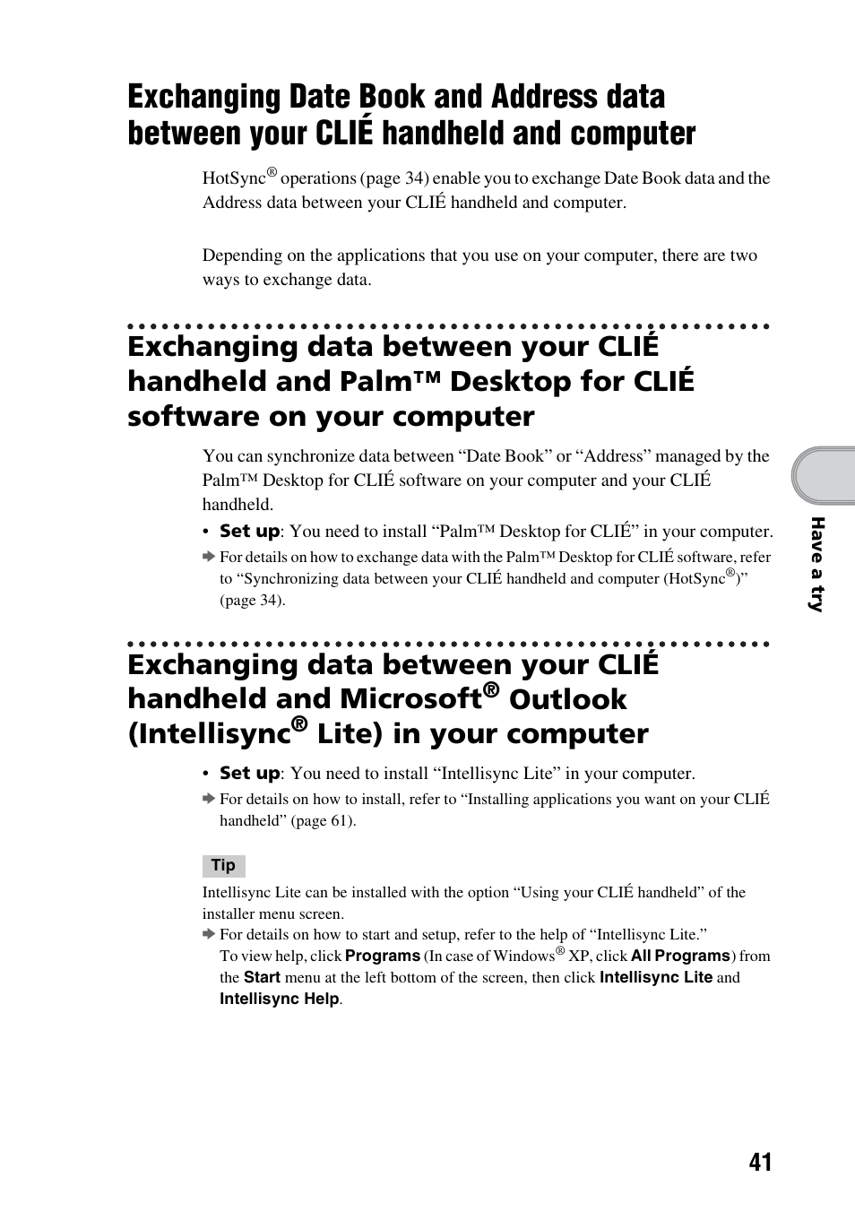 Exchanging date book and address data, Between your clié handheld and computer, Outlook (intellisync | Lite) in your computer | Sony PEG-TG50 User Manual | Page 41 / 100