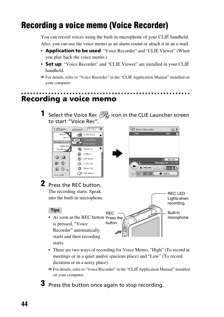 Recording a voice memo (voice recorder), Recording a voice memo, Voice recorder) | Sony PEG-TG50 User Manual | Page 44 / 100