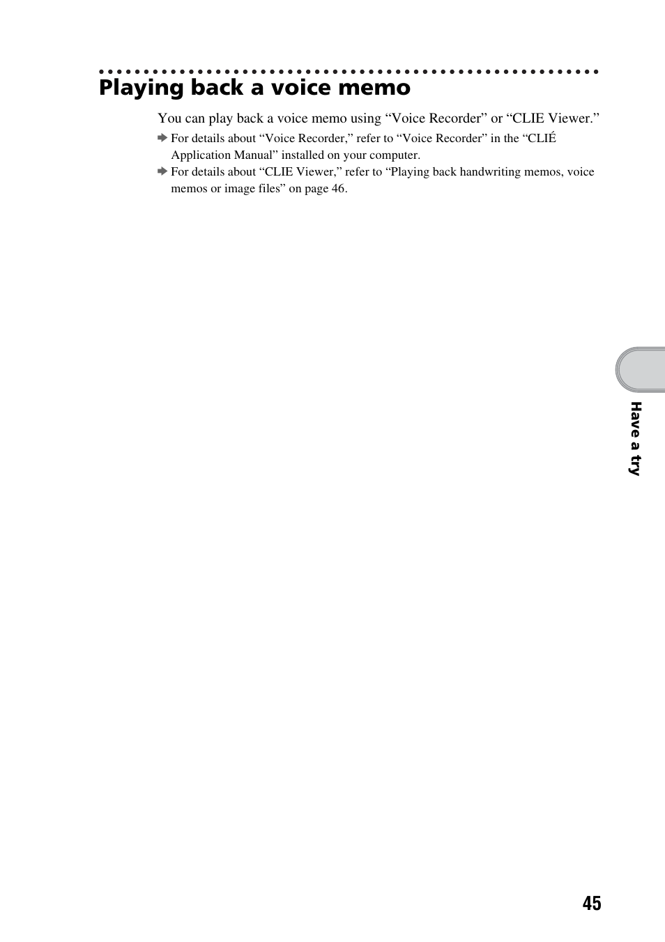 Playing back a voice memo | Sony PEG-TG50 User Manual | Page 45 / 100