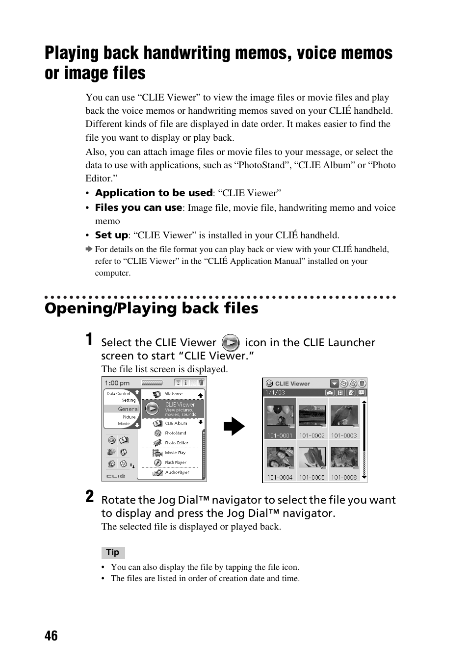 Opening/playing back files, Playing back handwriting memos, voice, Memos or image files | Sony PEG-TG50 User Manual | Page 46 / 100