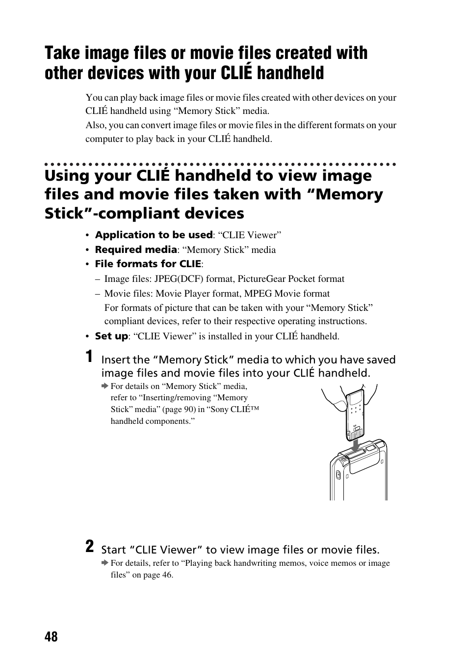 Take image files or movie files created, With other devices with your clié handheld | Sony PEG-TG50 User Manual | Page 48 / 100