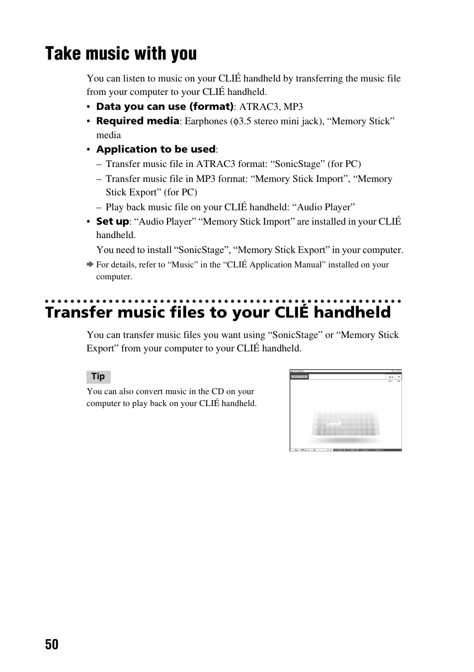 Take music with you, Transfer music files to your clié handheld | Sony PEG-TG50 User Manual | Page 50 / 100
