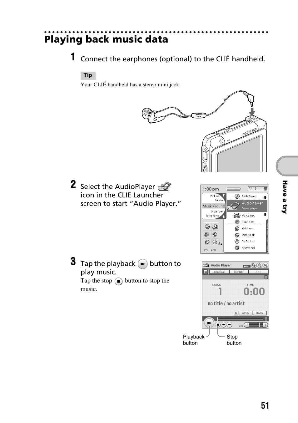 Playing back music data | Sony PEG-TG50 User Manual | Page 51 / 100