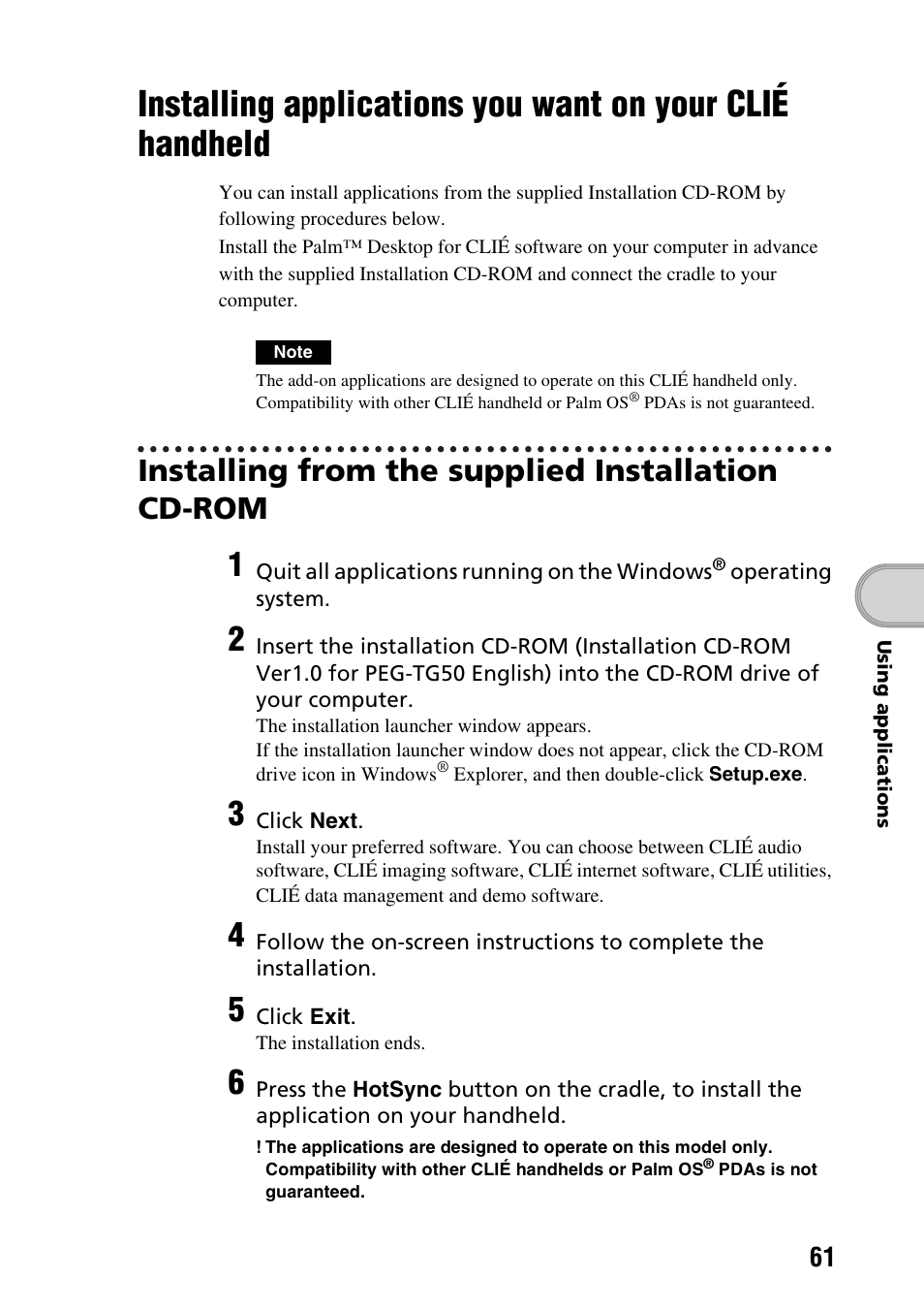 Installing from the supplied installation cd-rom, Installing applications you want, On your clié handheld | Sony PEG-TG50 User Manual | Page 61 / 100