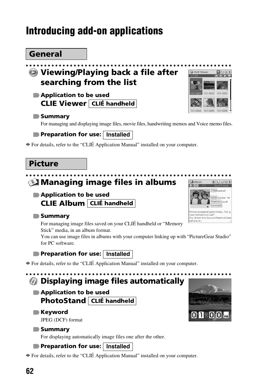 Introducing add-on applications, Managing image files in albums, Displaying image files automatically | Photostand, Clie album, General picture | Sony PEG-TG50 User Manual | Page 62 / 100