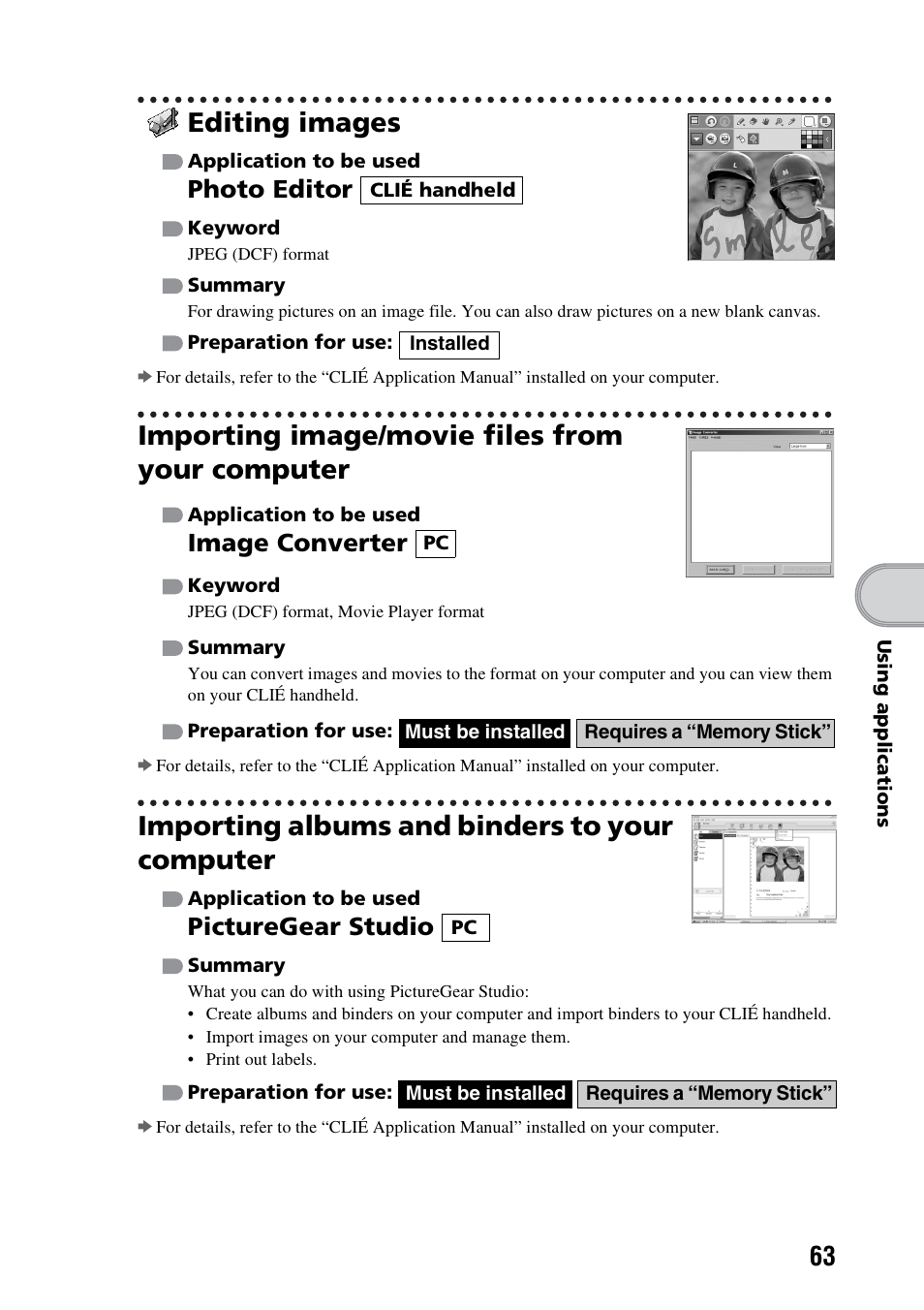 Editing images, Importing image/movie files from your computer, Importing albums and binders to your computer | D “photo editor, Photo editor, Image converter, Picturegear studio | Sony PEG-TG50 User Manual | Page 63 / 100