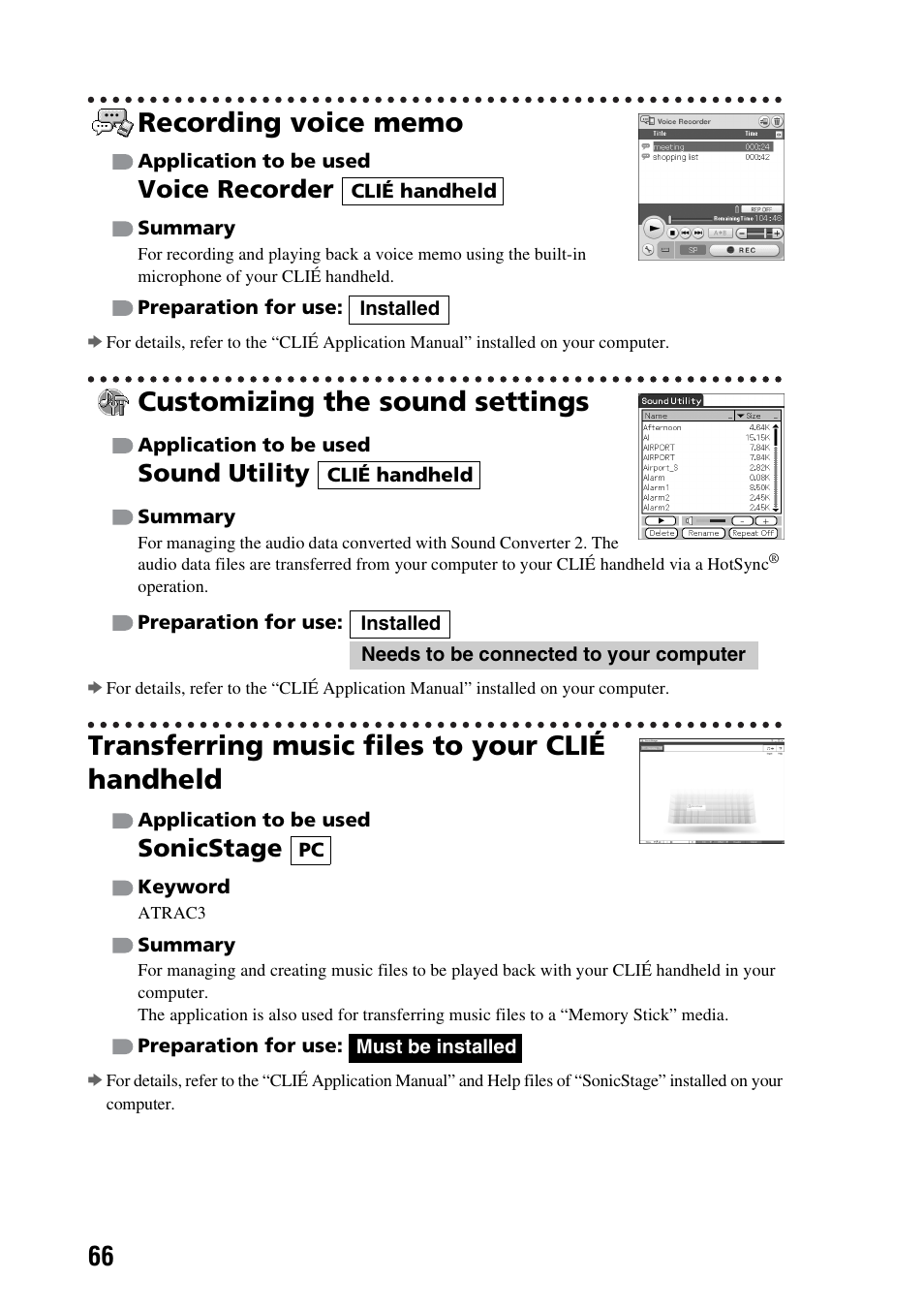 Recording voice memo, Customizing the sound settings, Transferring music files to your clié handheld | Voice recorder, Sound utility, Sonicstage | Sony PEG-TG50 User Manual | Page 66 / 100