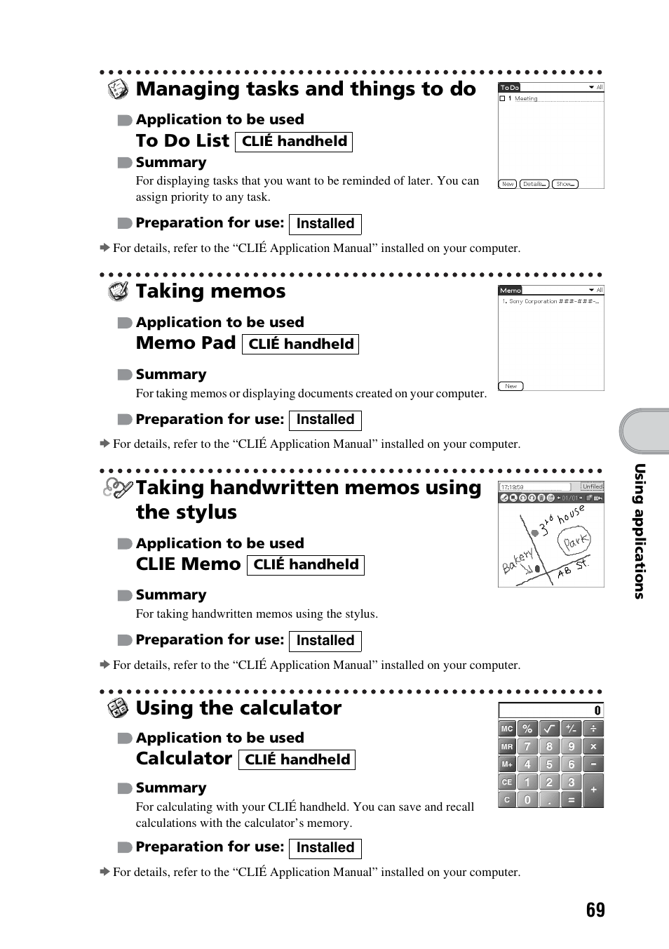 Managing tasks and things to do, Taking memos, Taking handwritten memos using the stylus | Using the calculator, Calculator | Sony PEG-TG50 User Manual | Page 69 / 100