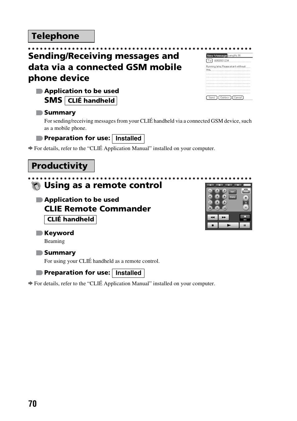 Using as a remote control, Telephone productivity, Clie remote commander | Sony PEG-TG50 User Manual | Page 70 / 100