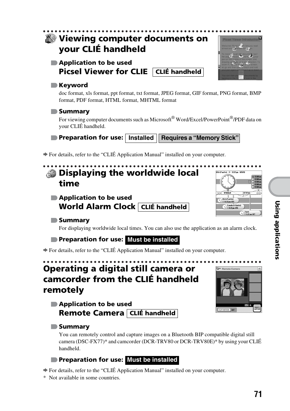 Viewing computer documents on your clié handheld, Displaying the worldwide local time, Picsel viewer for clie | World alarm clock, Remote camera | Sony PEG-TG50 User Manual | Page 71 / 100