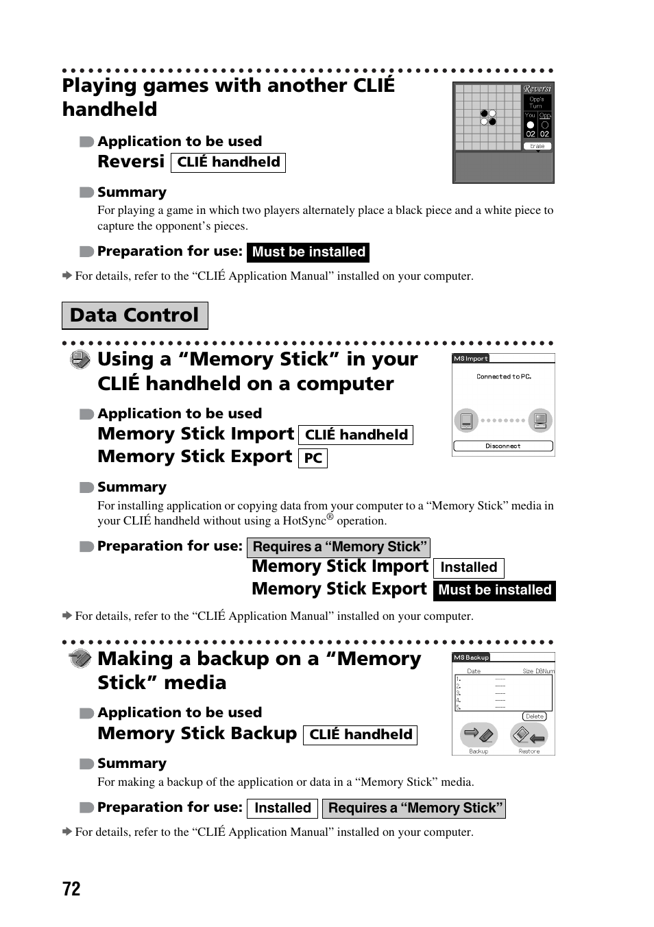 Playing games with another clié handheld, Making a backup on a “memory stick” media, Data control | Reversi | Sony PEG-TG50 User Manual | Page 72 / 100