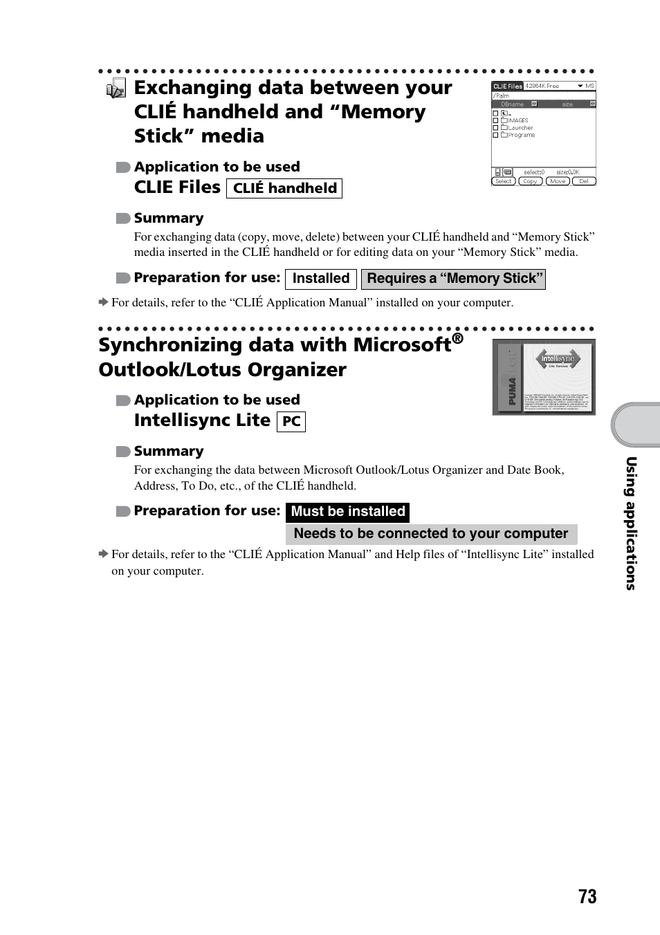 Synchronizing data with microsoft, Outlook/lotus organizer, Clie files | Intellisync lite | Sony PEG-TG50 User Manual | Page 73 / 100