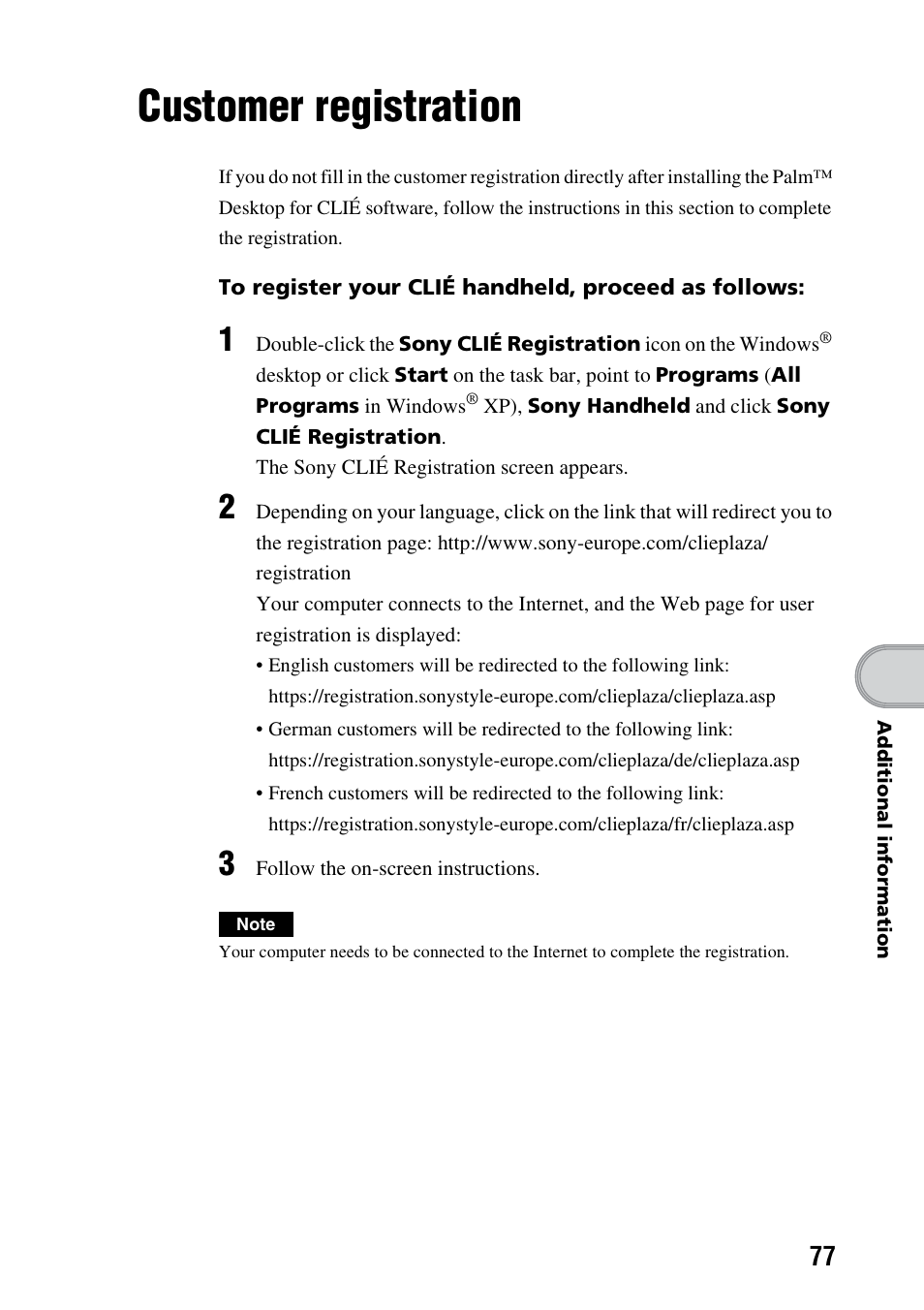 Customer registration | Sony PEG-TG50 User Manual | Page 77 / 100