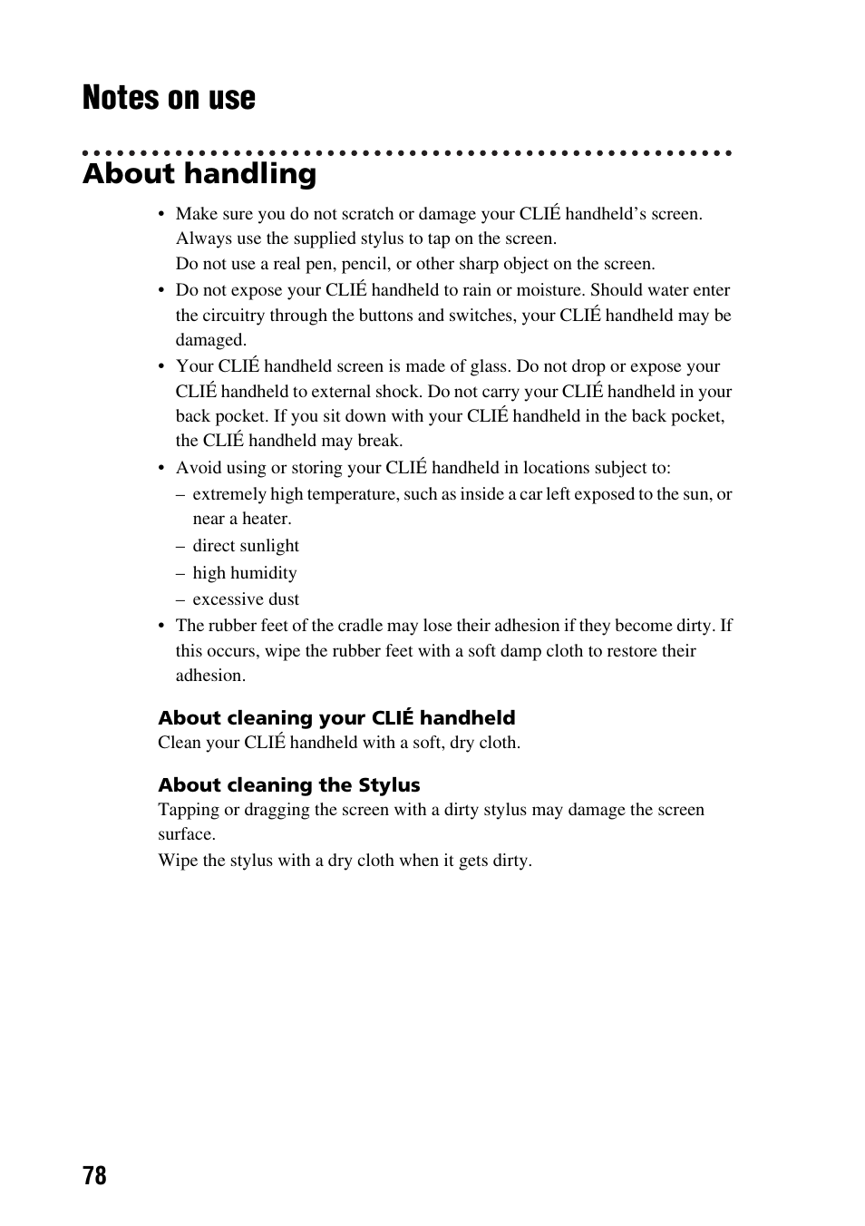 Notes on use, About handling | Sony PEG-TG50 User Manual | Page 78 / 100