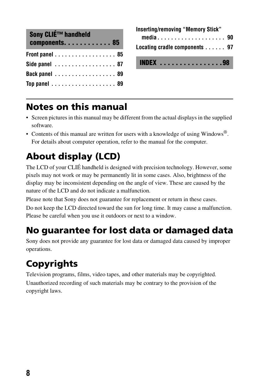 Notes on this manual, About display (lcd), No guarantee for lost data or damaged data | Copyrights | Sony PEG-TG50 User Manual | Page 8 / 100